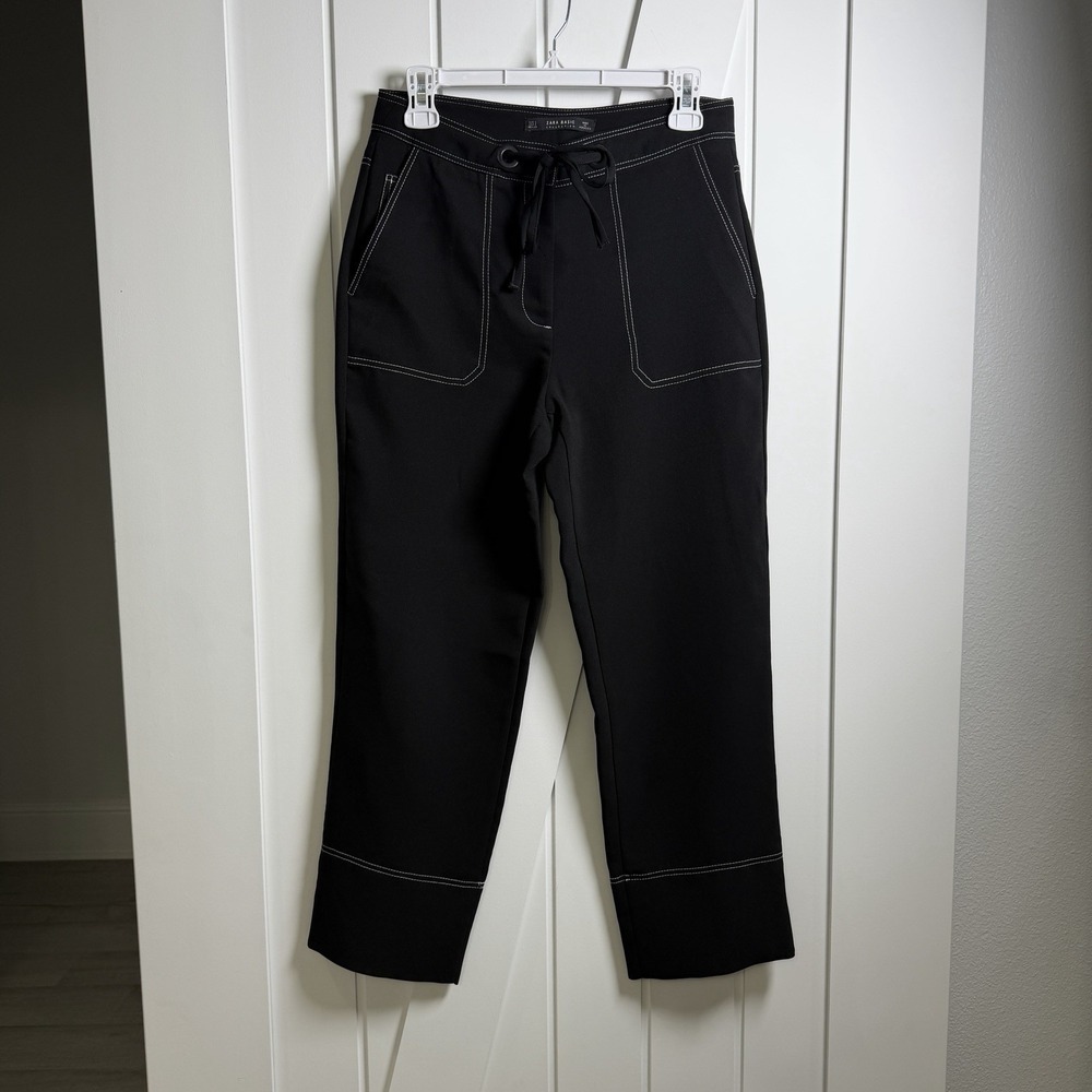 ZARA Basic Collection contrast stitch wide-leg trousers Black Size Small Utility
